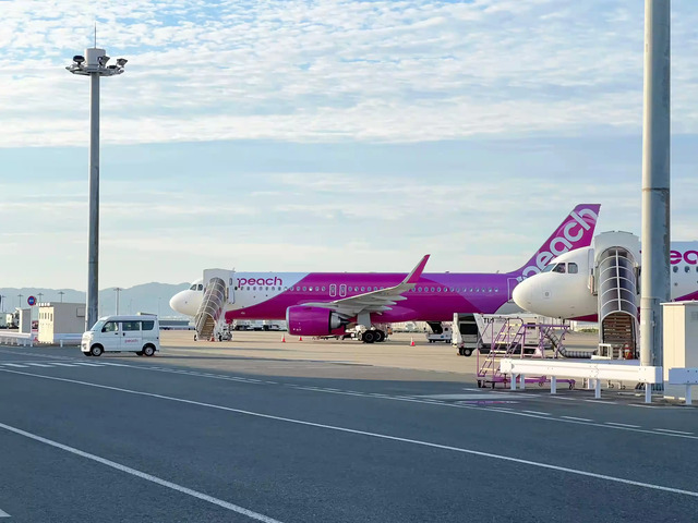 関西空港の滑走路に停まっているピーチアビエーションの機体