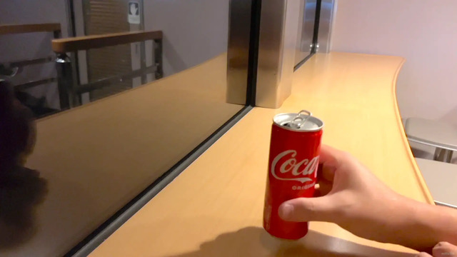 寝台特急サンライズ出雲号のミニラウンジで缶コーラを飲んでいる様子