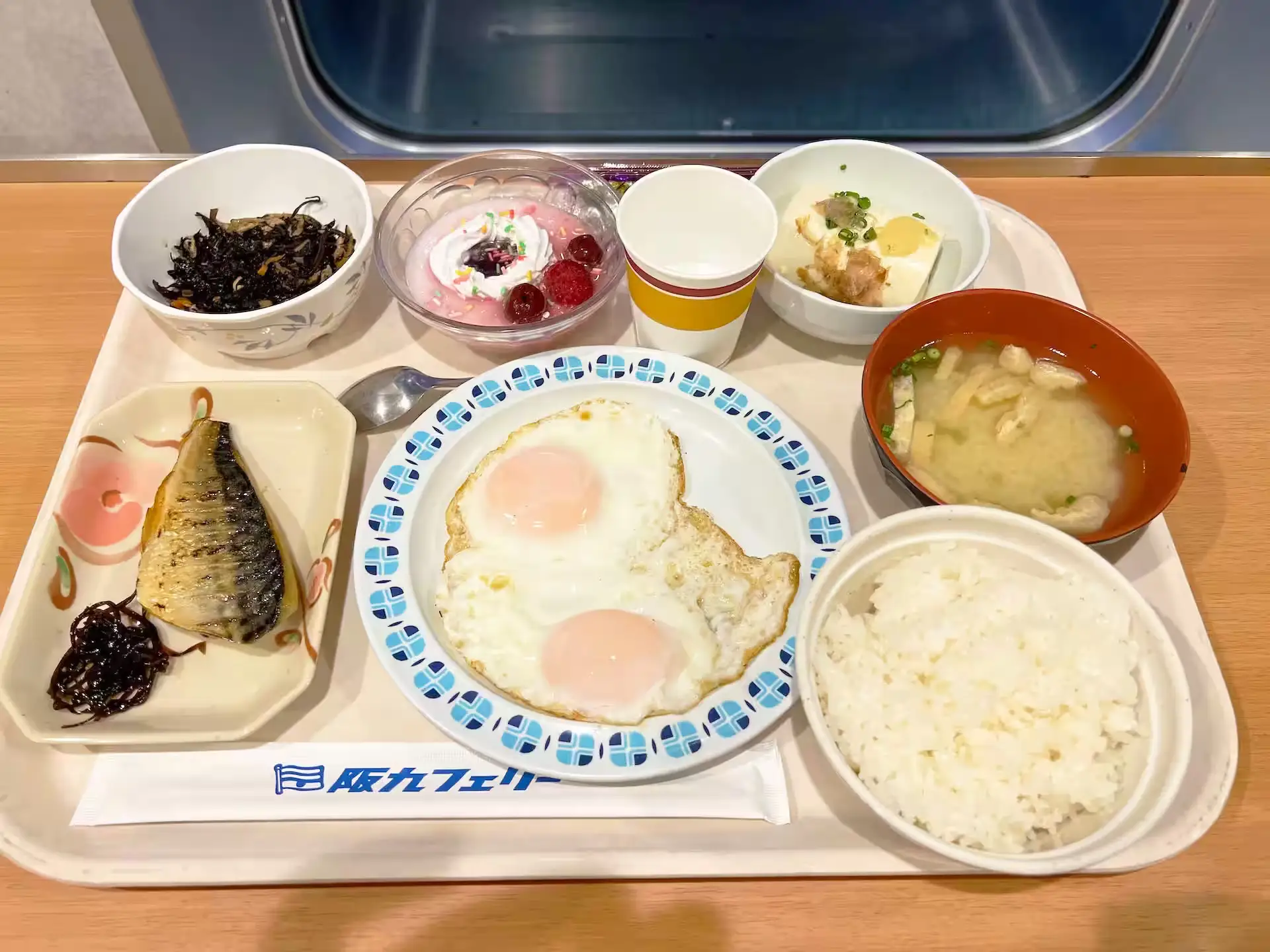 Plate of breakfast offerings at the Hankyu Ferry HIBIKI Restaurant