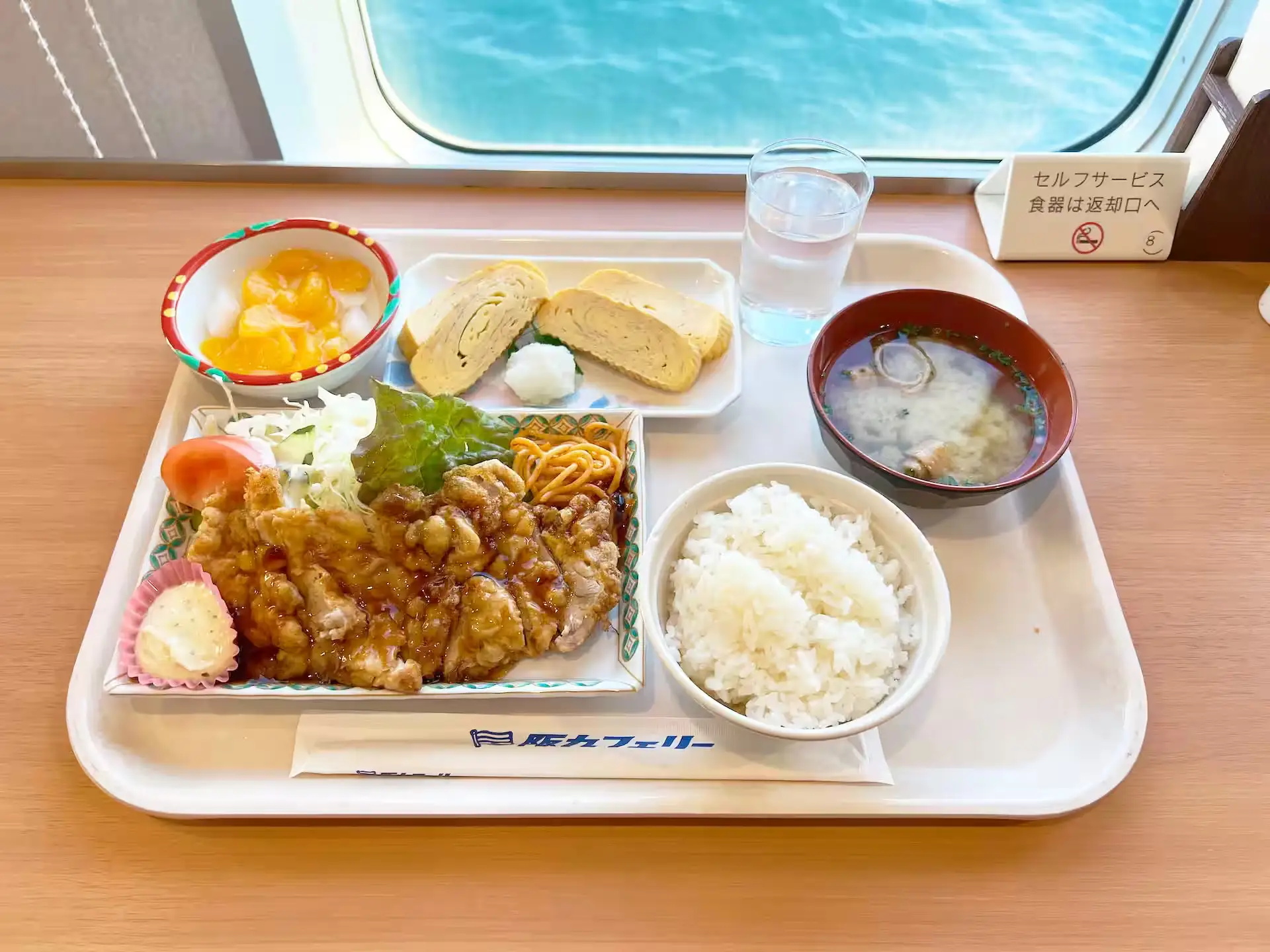 Plate of dinner offerings at the Hankyu Ferry HIBIKI Restaurant