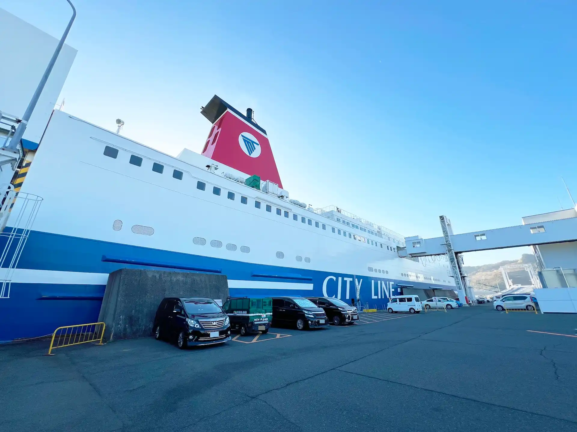 The hull of the Ferry Kyoto docked at Shinmoji Port