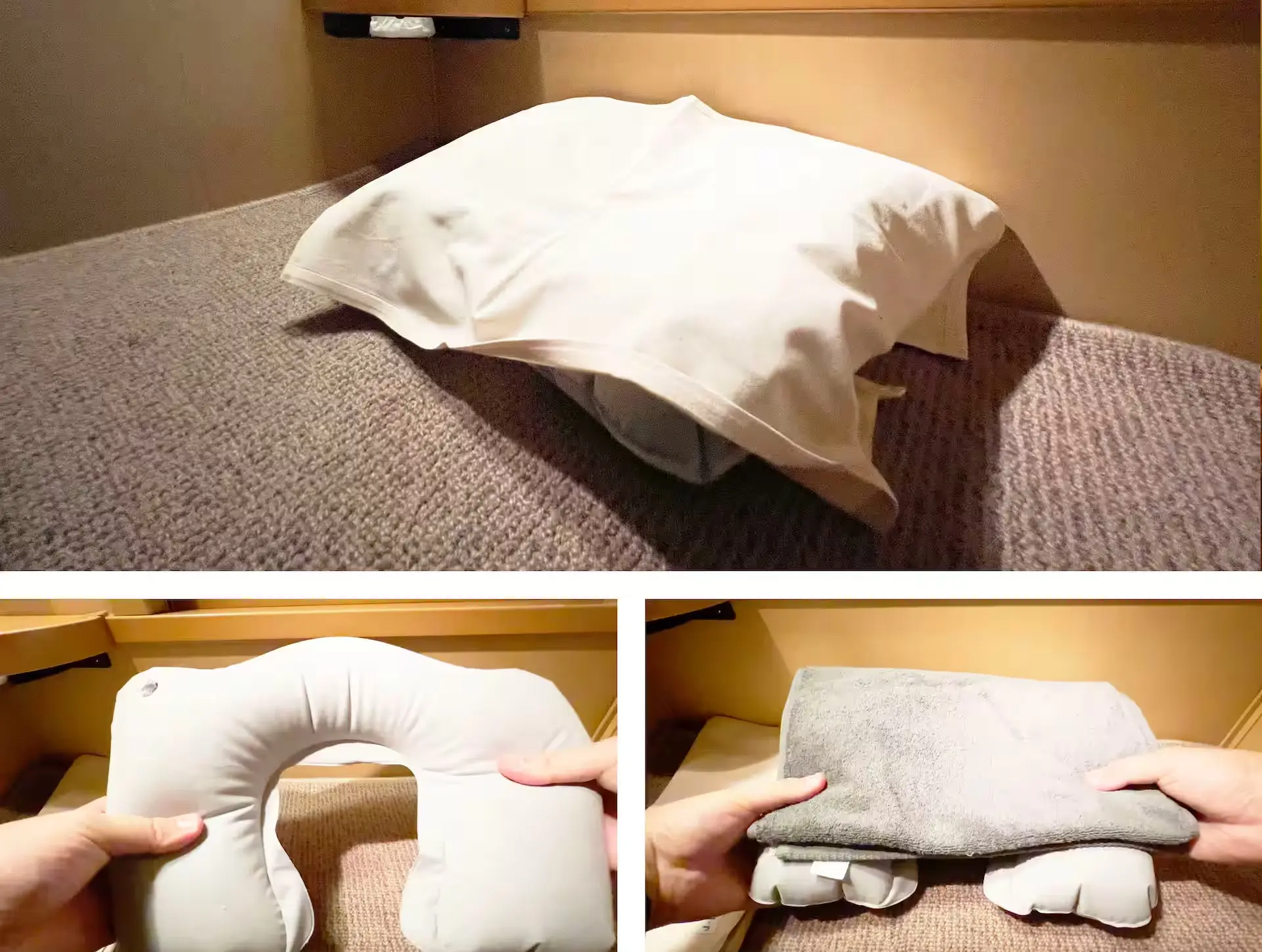 Making a pillow using the neck pillow I brought with me at the NOBI-NOBI seat on the sleeper express Sunrise Izumo