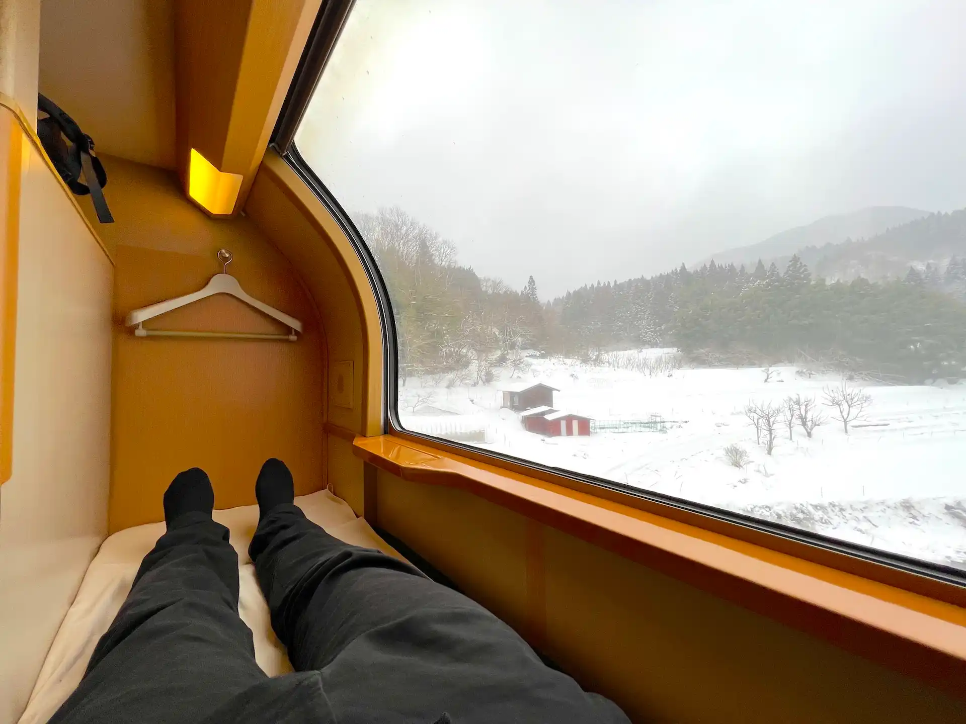 寝台特急サンライズ出雲号のソロ個室から見える雪景色